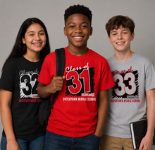 Three students wearing custom printed t-shirts with 'Dutchtown Middle School' CLASS OF 