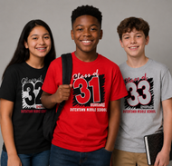 Three students wearing custom printed t-shirts with 'Dutchtown Middle School' CLASS OF 